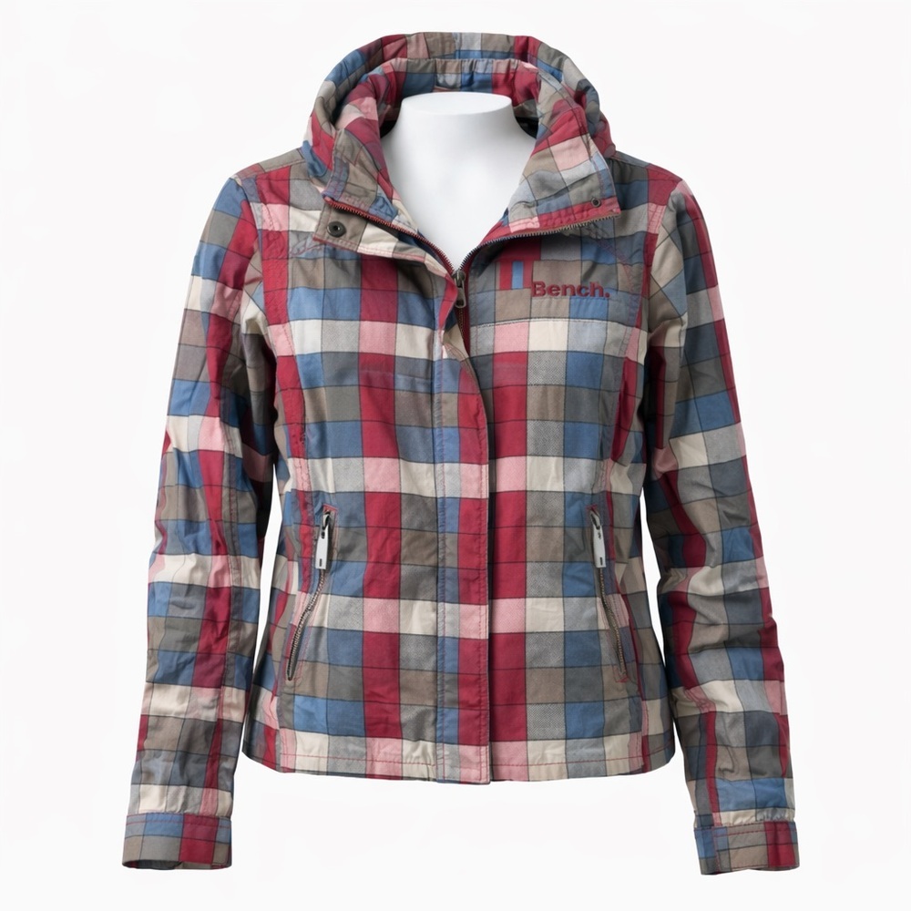 Size L Bench Women’s Vintage Y2K Plaid Cotton Zip Jacket Streetwear Hood